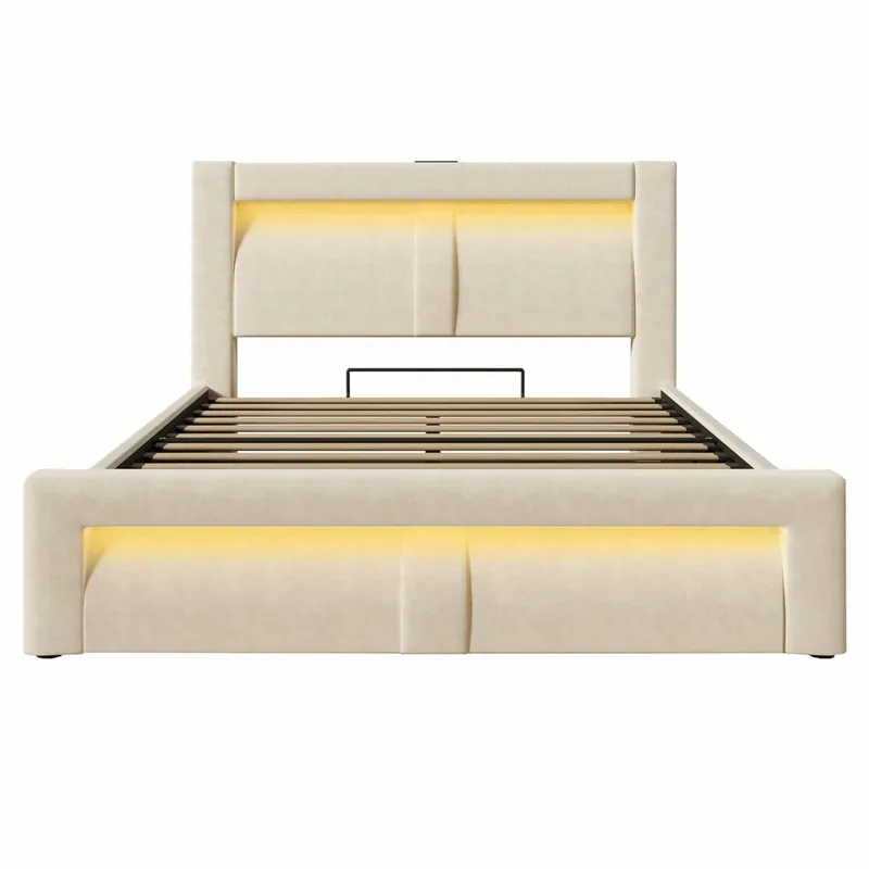 Cama doble 140x200 cm - con almacenamiento, cama hidráulica, iluminación LED con control por app, puertos USB y Type-C, cabecero curvo de terciopelo - beige