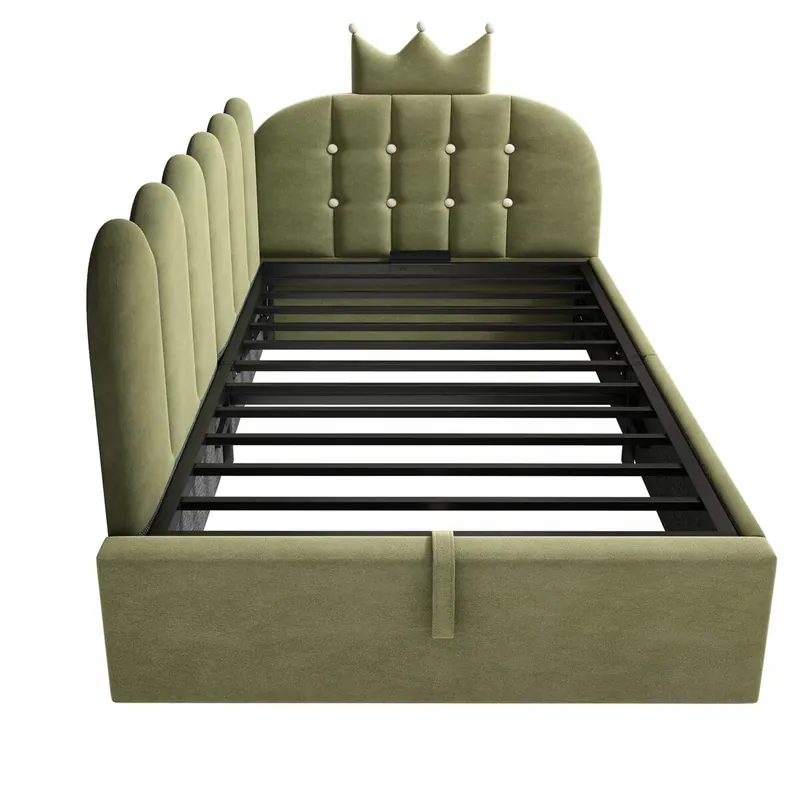Cama tapizada tipo diván sofá cama 90x190 cm - almacenamiento hidráulico, forma L, terciopelo, diseño corona y rejilla, sin colchón - verde
