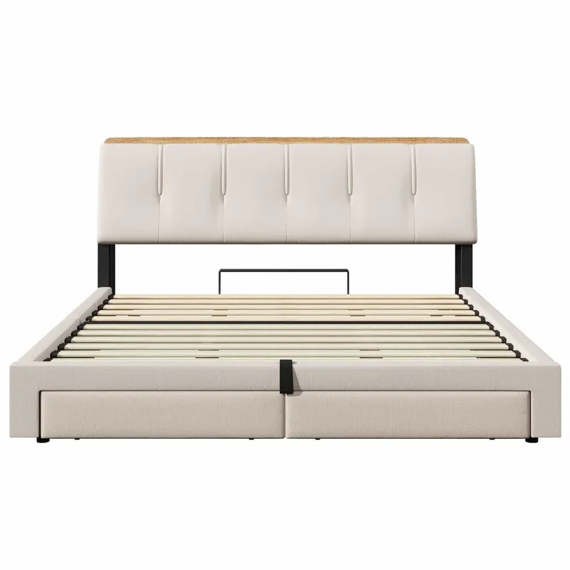 Cama tapizada 180x200 cm - Almacenamiento hidráulico, USB Tipo-C, LED, Multifunción, Lienzo - Beige
