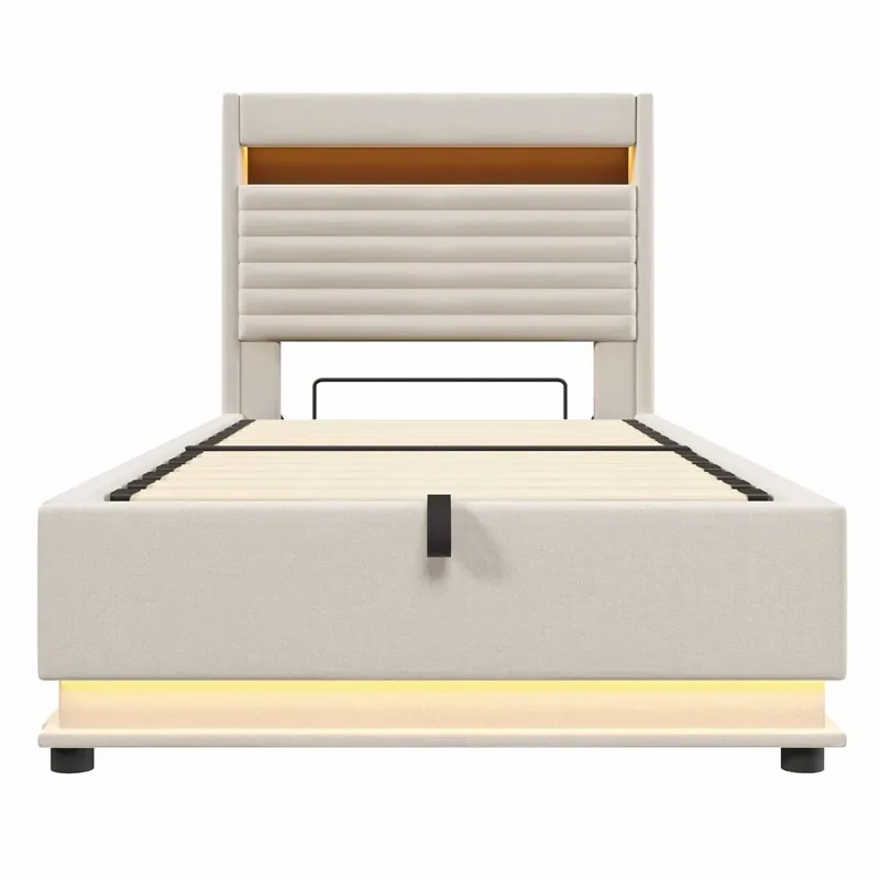 Cama tapizada 90x200 cm - Con puerto USB Tipo-C, iluminación LED, almacenamiento hidráulico, compartimento Flip-Top, control por botón/App, sin colchón - Beige