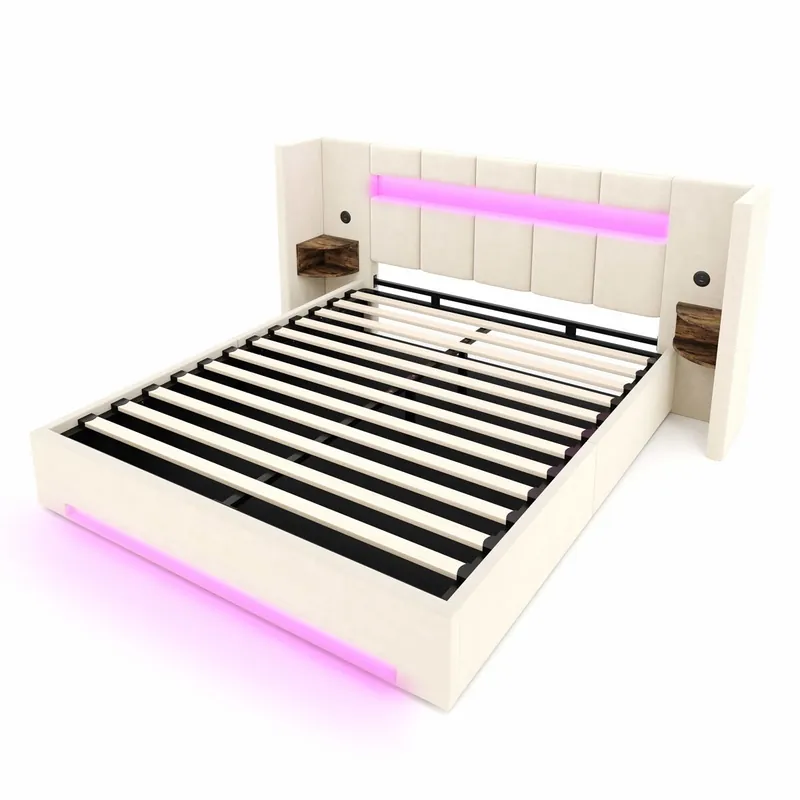 Cama multifuncional 160x200cm - Cabecero ancho, 2x USB, armario retro, luz LED, hidráulico y gran almacenamiento bajo la cama con tela no tejida - Beige