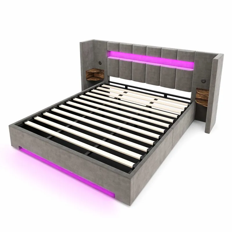 Cama de terciopelo 180x200cm - Cabezal ancho, 2x USB, armario retro, luz LED, sistema hidráulico y gran espacio de almacenamiento bajo la cama con tela no tejida - Gris oscuro