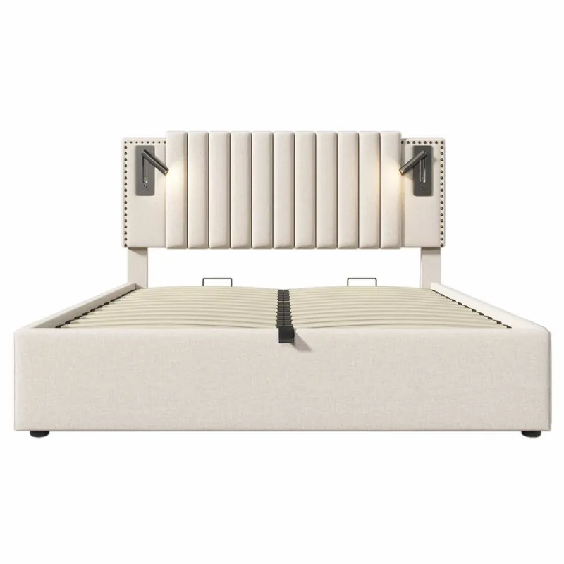 Cama tapizada 180x200 - doble con almacenamiento, cabezal con luz de lectura y puerto USB, respaldo con diseño de remaches, somier y canapé - beige