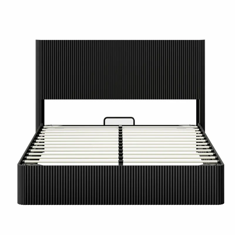 Cama moderna 160x200 cm - Sistema de elevación hidráulico, gran almacenamiento, listones de madera maciza, superficie fácil de limpiar - Negro
