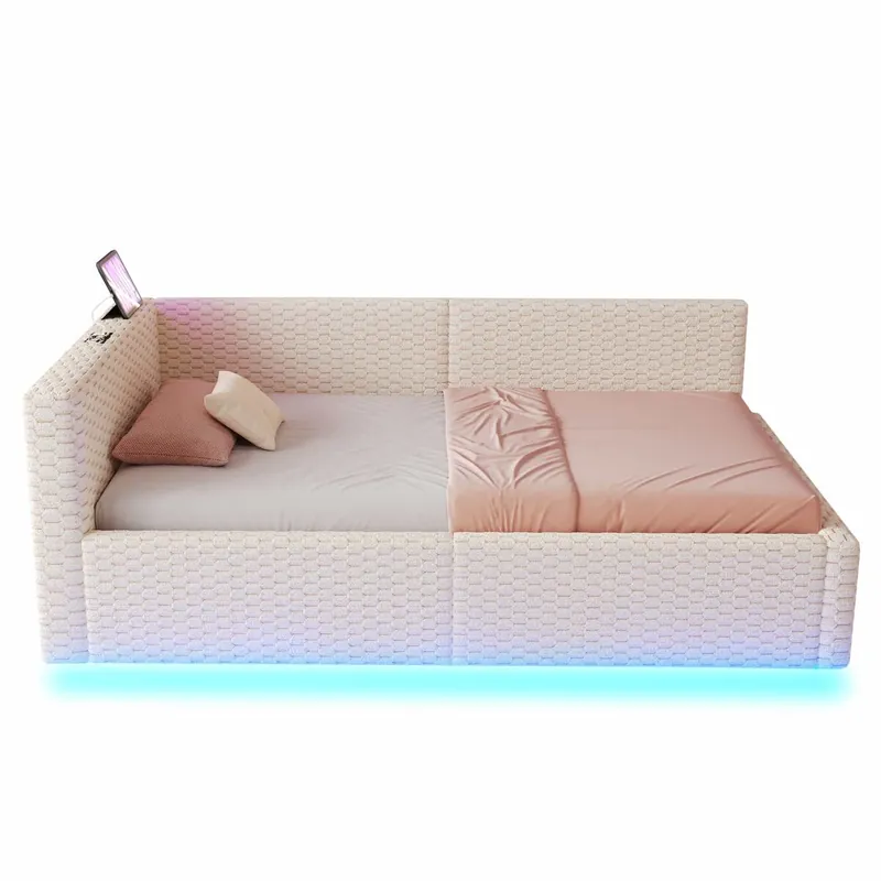 Cama tapizada 90x200 cm - con LED, puerto USB doble, respaldo L suave, tela de terciopelo, estructura hidráulica - beige