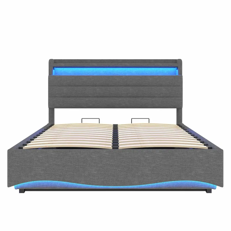 Cama tapizada 140x200 cm - LED, hidráulico, USB y Tipo-C, almacenamiento, lino - Gris