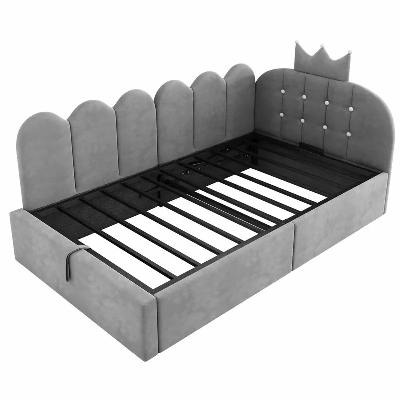 Cama tapizada tipo daybed 90x200 cm - sofá cama con almacenaje hidráulico, cama de invitados en forma L, diseño de rejilla con corona, sin colchón - gris