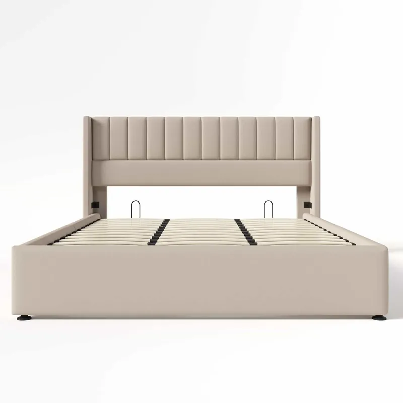 Cama tapizada con almacenaje hidráulico 180x200 cm - somier de madera y estructura metálica, lino - beige