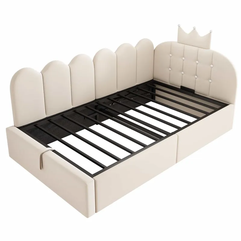 Sofá cama tapizado 90x190 cm - hidráulico con almacenamiento, forma L, diseño corona en rejilla de terciopelo, sin colchón - Beige