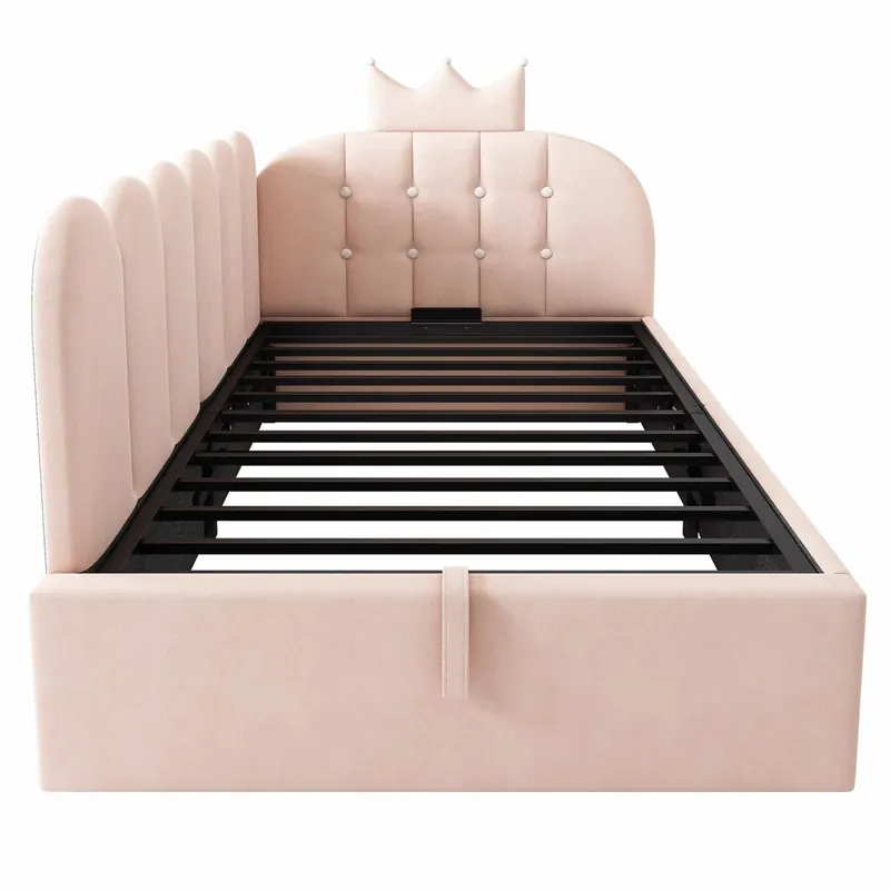 Sofá cama tapizado 90x200 cm - con almacenaje hidráulico, diseño corona y rejilla, forma L, terciopelo - Rosa