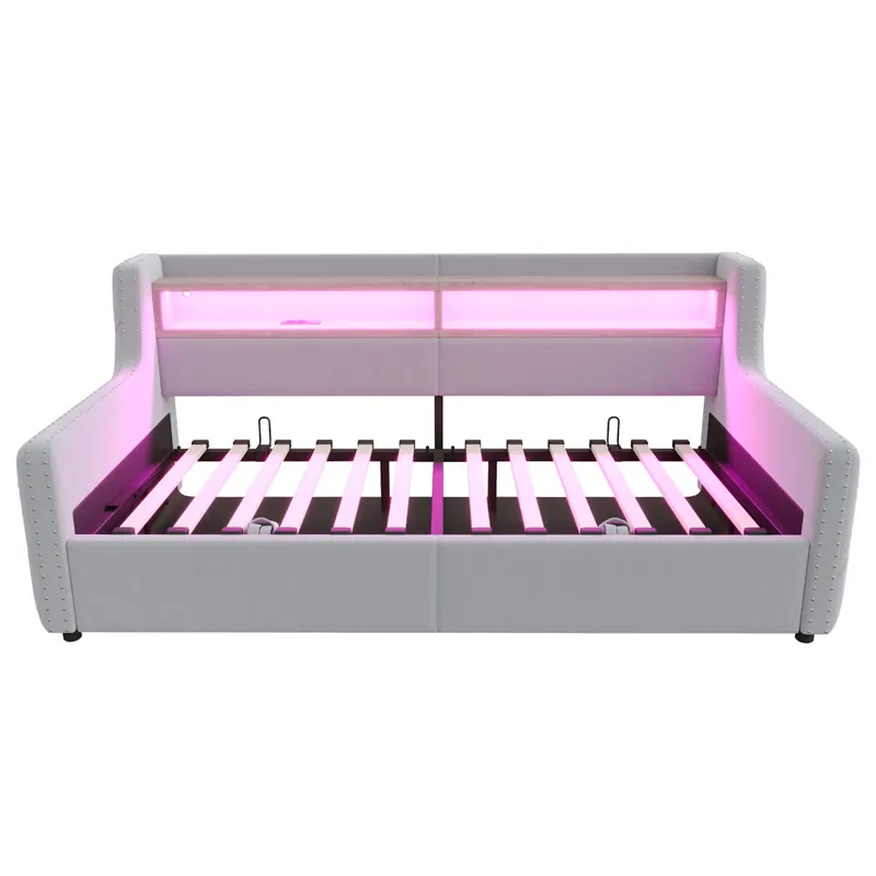 Sofá cama 90x200 cm - Con almacenamiento hidráulico, LED, enchufe y USB - Gris claro