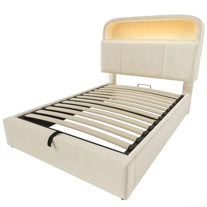 Cama tapizada 90x200 cm - Cabezal ajustable con almacenamiento, LED, USB/Type-C, Beige