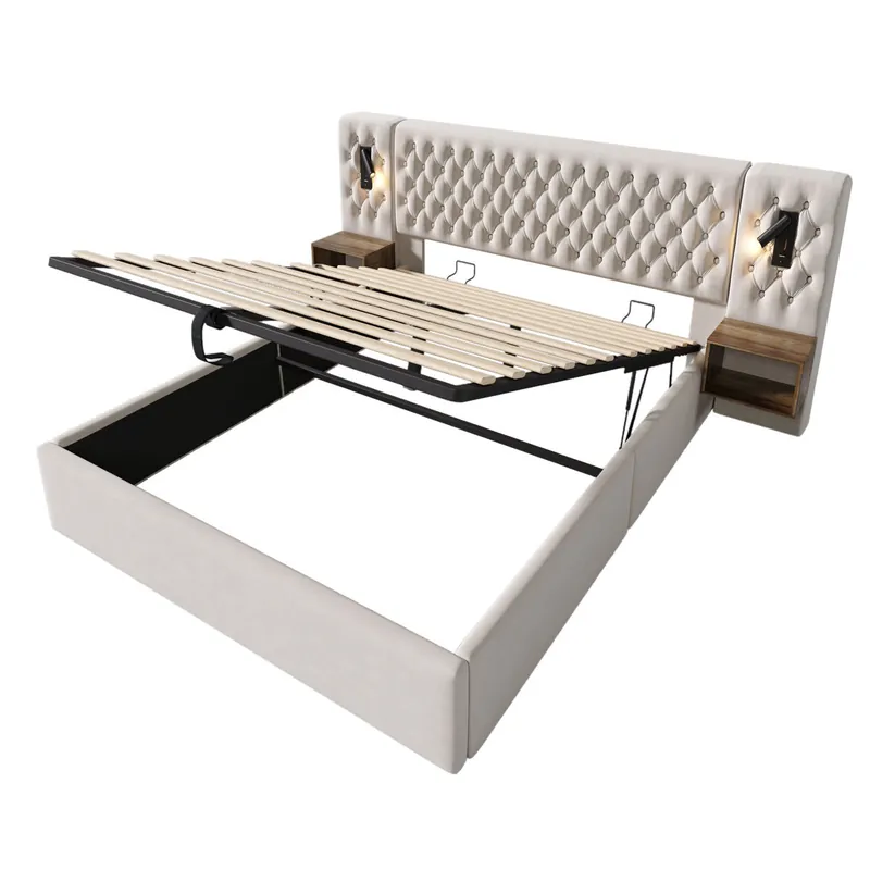 Cama Polsterbett 180x200 - Cama con almacenamiento hidráulico, luz LED, con 2 mesitas - Beige
