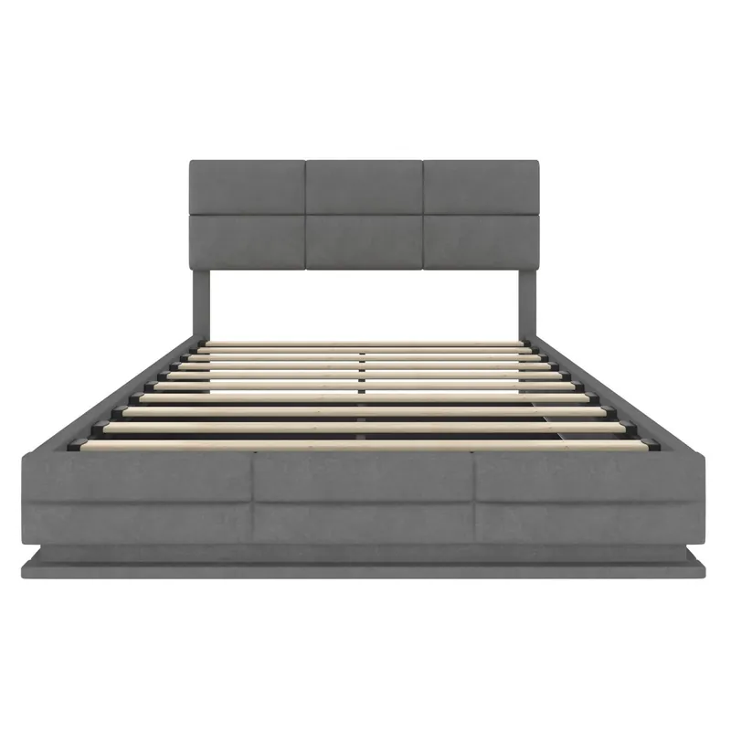 Cama tapizada 160x200 cm - Cabecero ajustable, puertos USB/Type-C, iluminación LED, sistema hidráulico, almacenamiento XXL - Gris