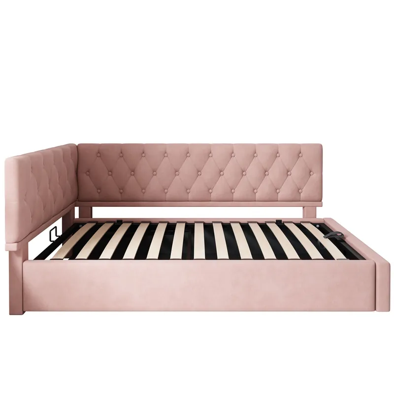 Cama Polsterbett 90x190 cm - Sofá cama con almacenamiento hidráulico, estructura de madera, terciopelo, Rosa