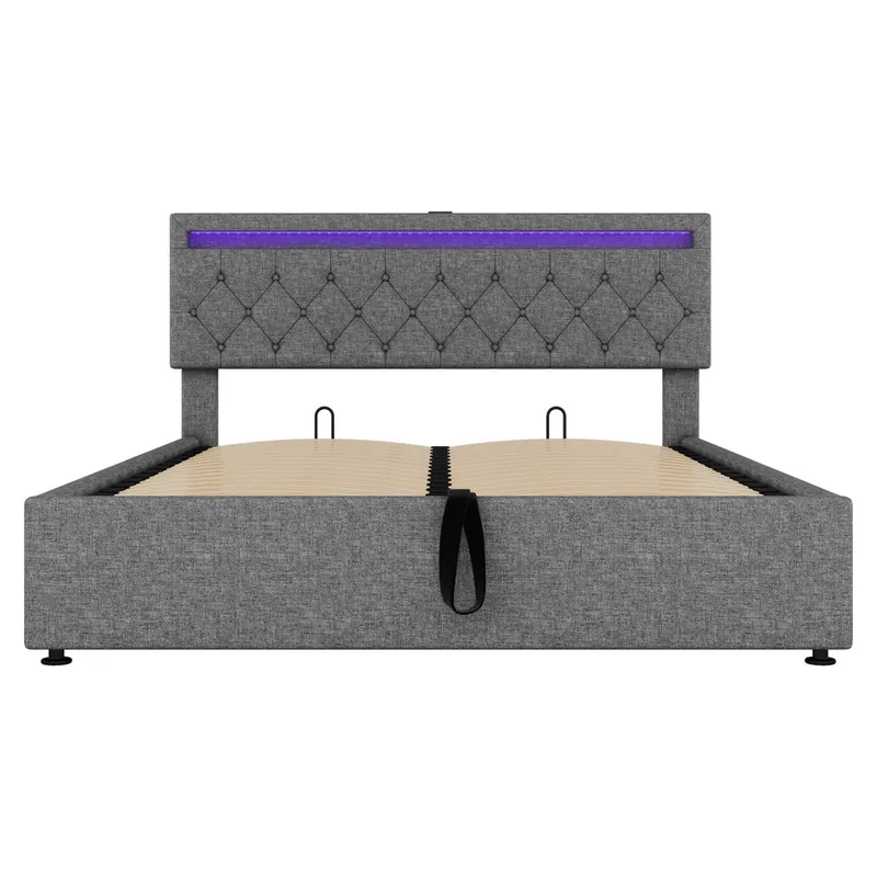 Cama tapizada 160x200 cm - con luz ambiental, almacenamiento, USB y Tipo-C - Gris