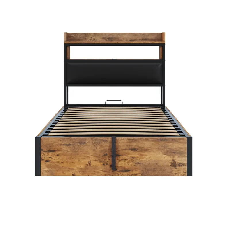 Cama individual 90x200 - Con mecanismo hidráulico, USB, cabecera acolchada, diseño retro de madera y metal, capa de almacenamiento oculta - Negro