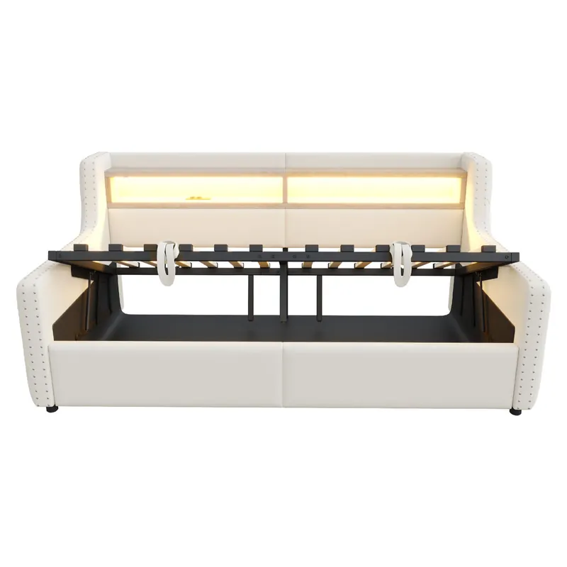 Sofá cama 90x200 cm - Con almacenamiento hidráulico, LED, enchufe, beige