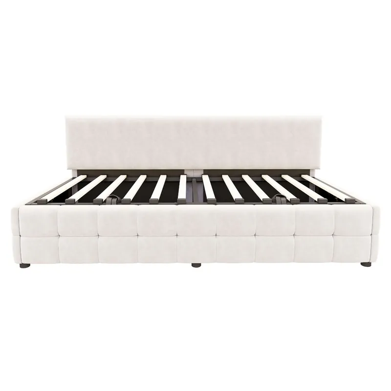 Cama individual 90x200 cm - Con almacenamiento hidráulico, sin reposabrazos, con patrón de cuadros, beige