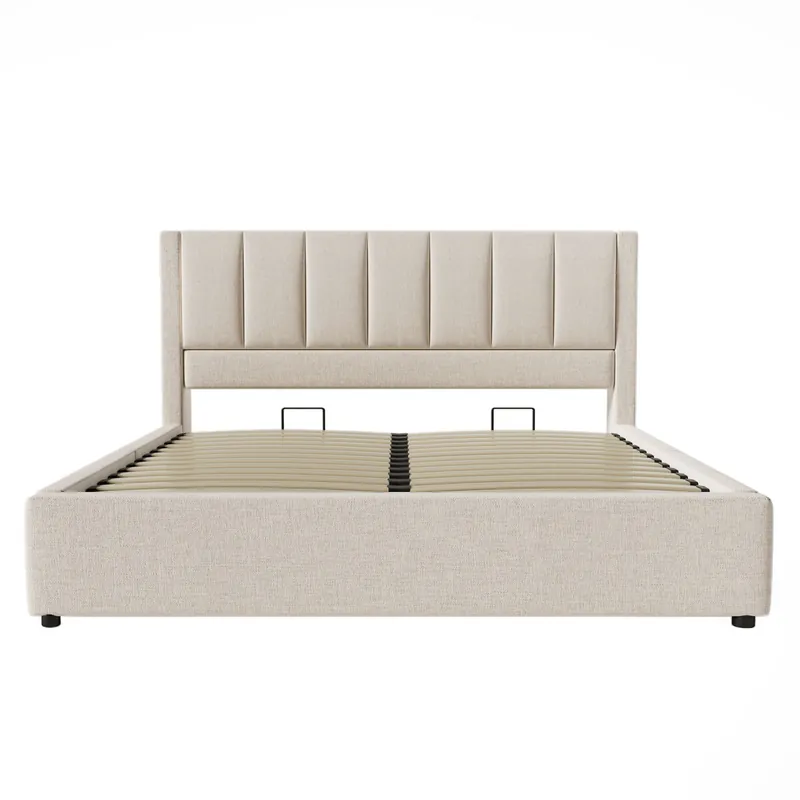 Cama tapizada 180x200 cm - Cama doble con soporte oculto para tazas y estación de carga - Beige