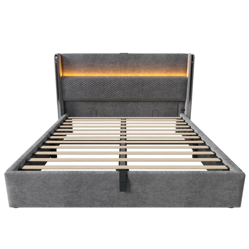 Cama hidráulica 160x200 cm - Cabezal alto, LED, almacenamiento, puertos USB/Type-C - Gris