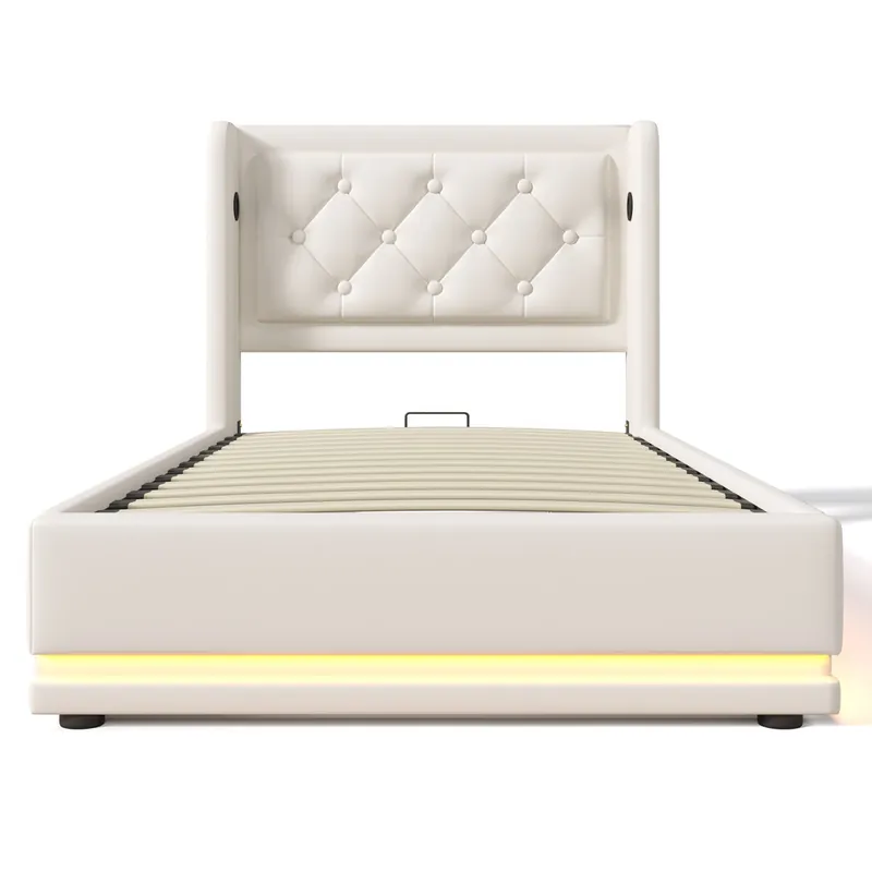 Cama tapizada 90*200 cm - Material PU, Cama hidráulica con almacenamiento, Cabezal acolchado con carga USB Tipo-C, Función LED de 3 lados - Blanco