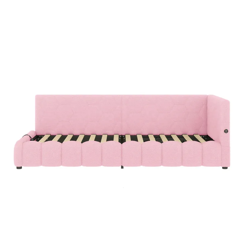 Cama día 90x200cm - Sofá cama, con somier, luz LED, mecanismo hidráulico, puerto USB y Tipo-C, material de confort, Fieltro - Rosa