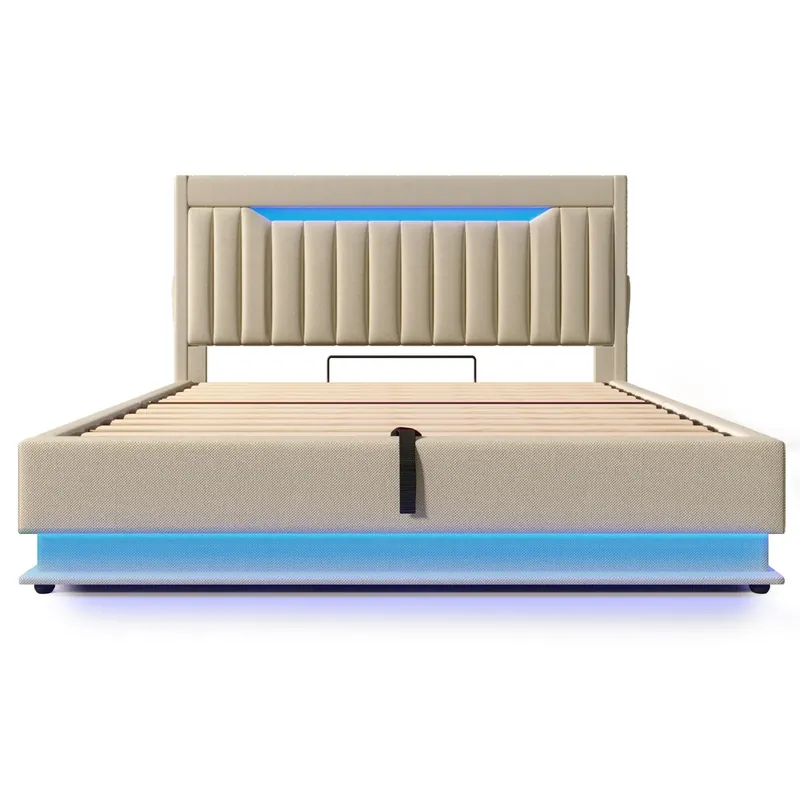 Cama tapizada 140x200 cm - Cabezal con almacenamiento, puertos USB y tipo C, iluminación LED, con almacenamiento hidráulico - Beige
