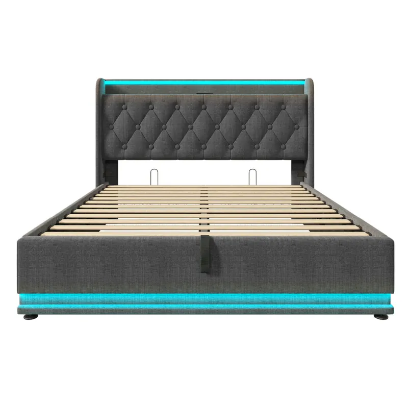 Cama doble tapizada 160*200 - LED 360 Surround, hidráulica, cabecero con carga USB Tipo-C (Con colchón) - Gris