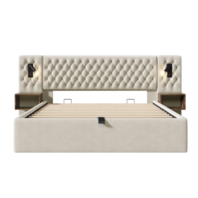 Cama Polsterbett 160x200 - Cama con almacenamiento hidráulico, 2 mesitas, luz LED, Beige