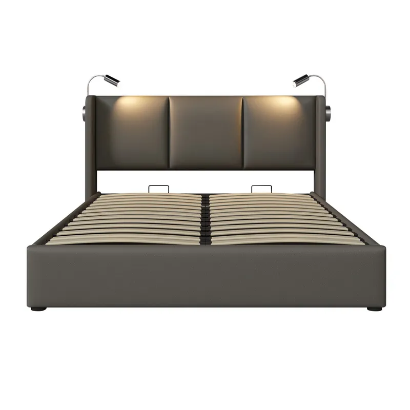 Cama Polsterbett 160x200 - Con almacenamiento, cabecero con luz y función de carga - Gris