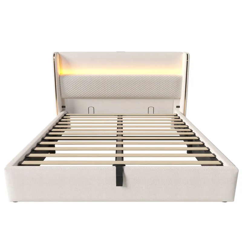 Cama hidráulica 140x200 cm - Con cabezal alto, iluminación LED, almacenamiento y puertos USB/Type-C - Beige