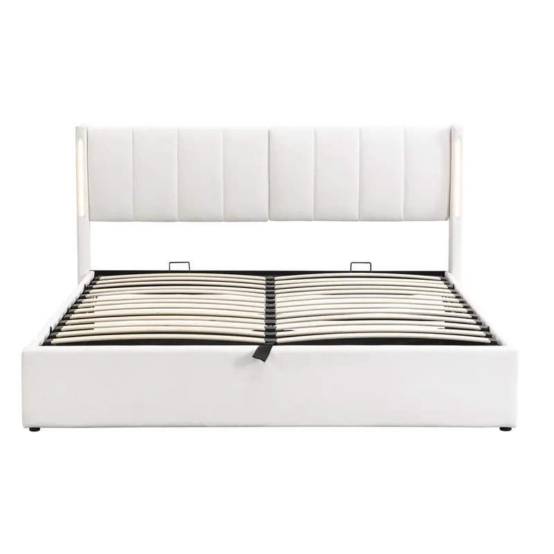Cama tapizada LED 140 x 190 cm - hidráulica con puerto USB, iluminación y almacenamiento - Blanco