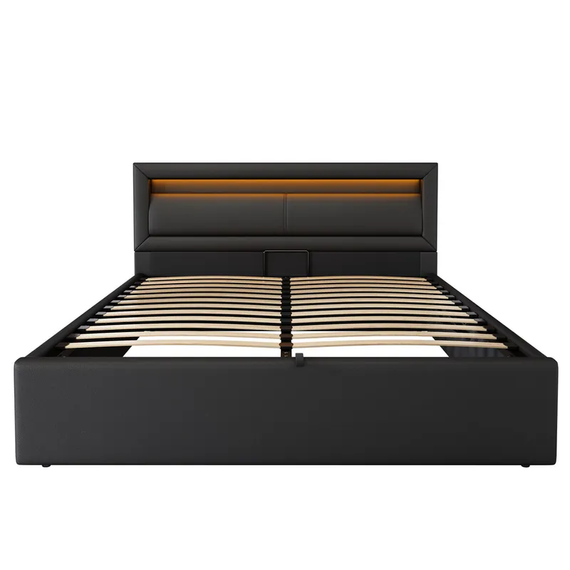 Cama tapizada LED 140x190 - con somier, almacenamiento y cabecero iluminado multicolor - negro