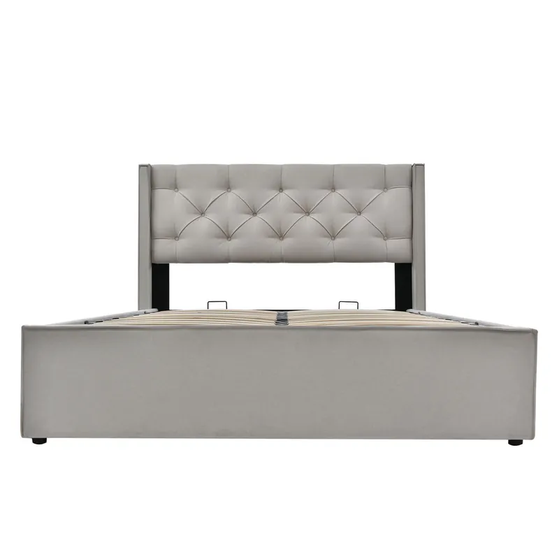Cama doble hidráulica 160x200 cm - Tapizada con almacenamiento y somier de metal - Gris