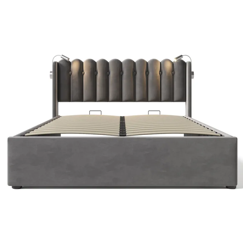 Cama tapizada 160x200 - con luz de lectura, función de carga, cabecero con almacenamiento, estructura de terciopelo - Gris