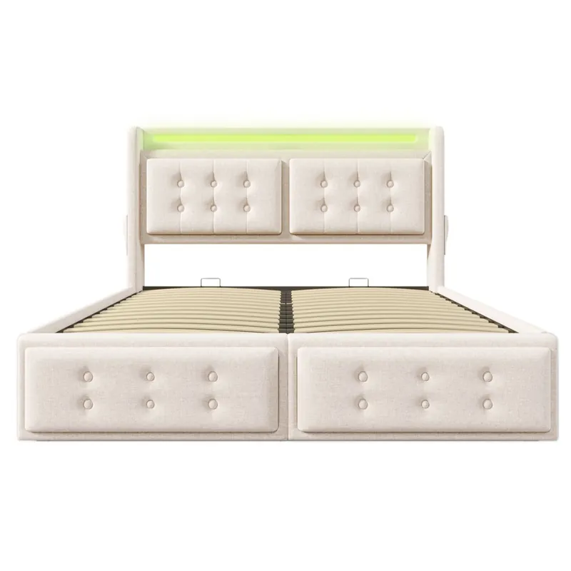 Cama doble tapizada 140x200 - Cabecero LED, carga USB C, almacenamiento hidráulico - Beige