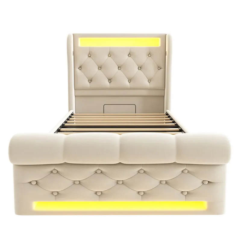 Cama individual 90x200cm - Cama tapizada con luces LED, cabecera con almacenamiento y puertos USB y Tipo-C, cama hidráulica, Beige