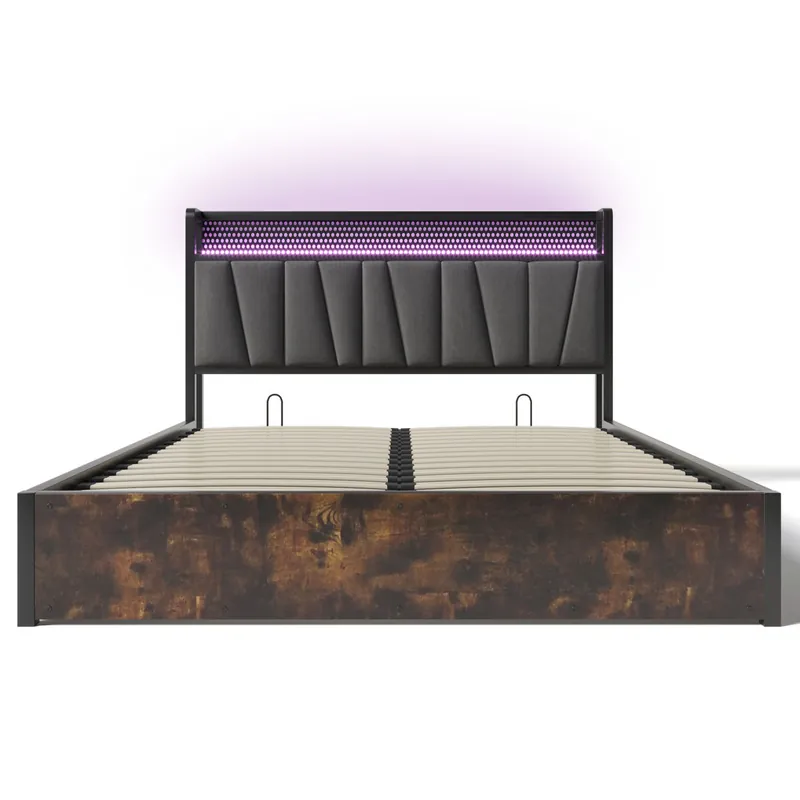 Cama metálica 160x200cm - Con función de carga USB, cabecero con almacenamiento, iluminación LED - Gris