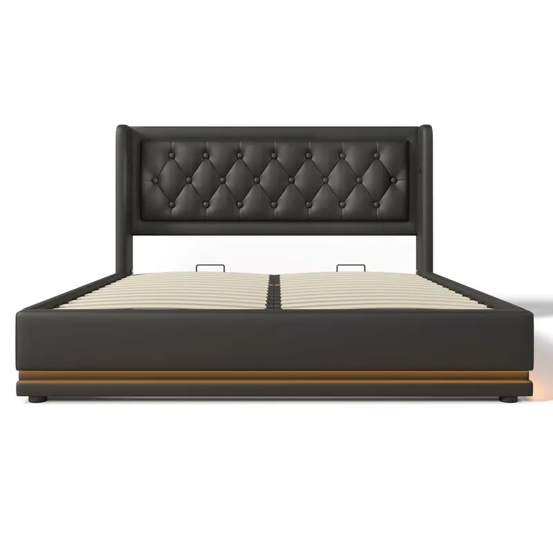 Cama contenedor acolchada 180 x 200 cm en símil piel - con función de carga y LED a los pies de la cama - Negro