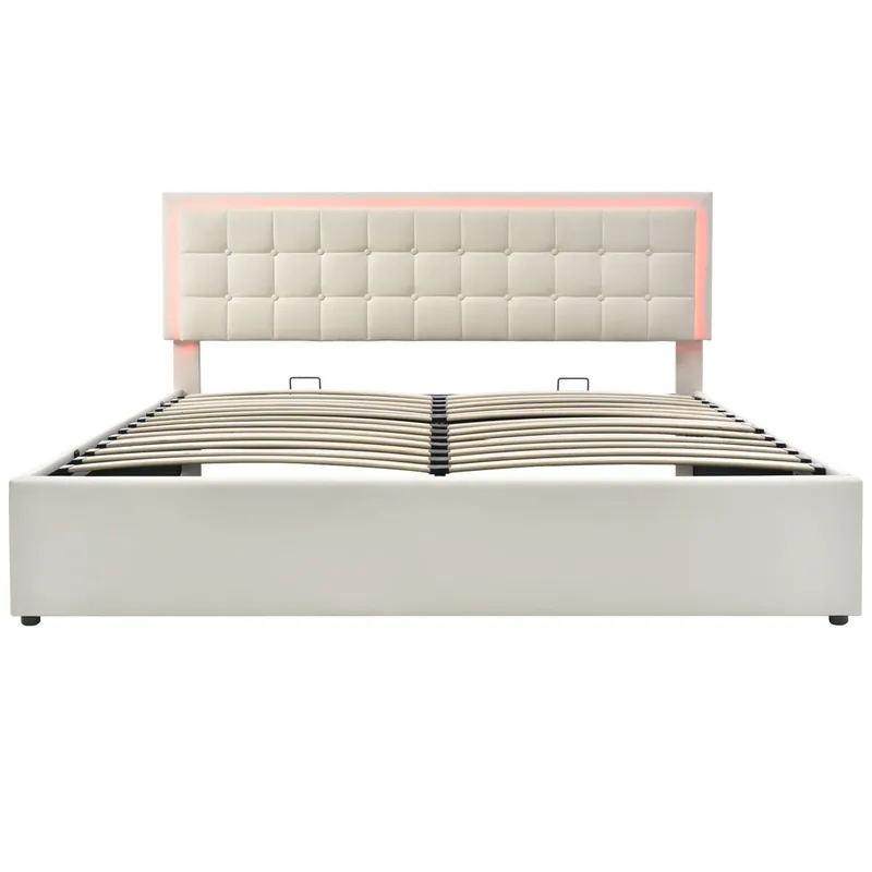 Cama tapizada 140x200 - Con base de madera y almacenamiento, con tira de luz LED - Blanco