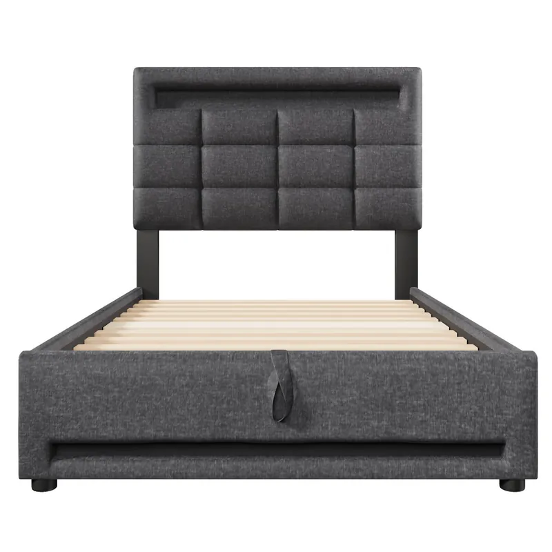 Cama tapizada 90x200cm - Con mando a distancia APP, con luces LED, almacenamiento hidráulico, con puerto USB - Gris