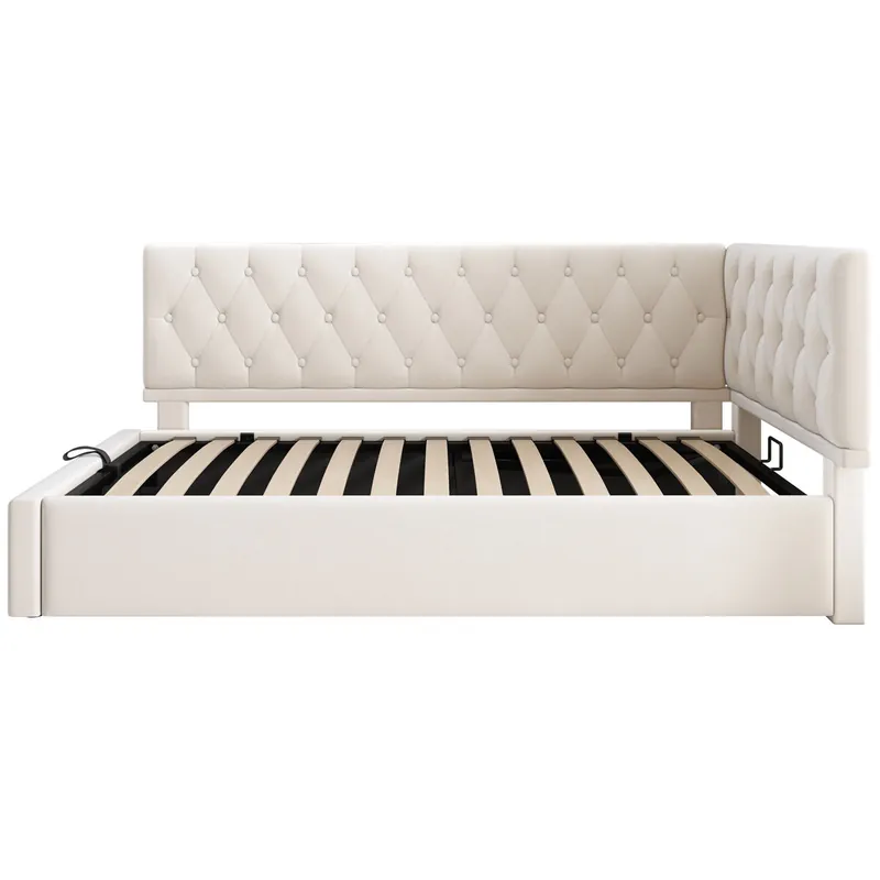 Cama individual 90x200 cm - Sofá cama con almacenamiento hidráulico, con somier de listones de madera, terciopelo, Beige