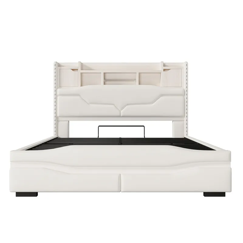 Cama Polsterbett 140x200cm - Carga USB, luz ambiental controlada por remoto, cabecera con almacenamiento, cama hidráulica, Beige