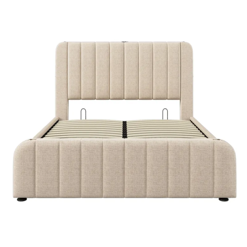 Cama doble 140x200 - Cabecero tapizado con tiras doradas y carga USB Tipo-C, almacenamiento hidráulico - Beige