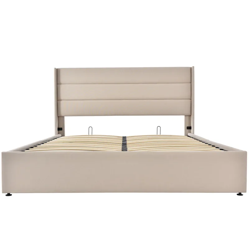 Cama con almacenaje de lino 140x200 cm con somier de láminas - Beige