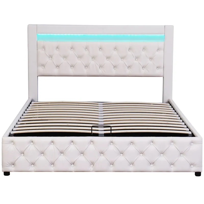 Cama contenedor tapizada en símil piel con LED - 140x200cm - con somier de láminas - Blanco