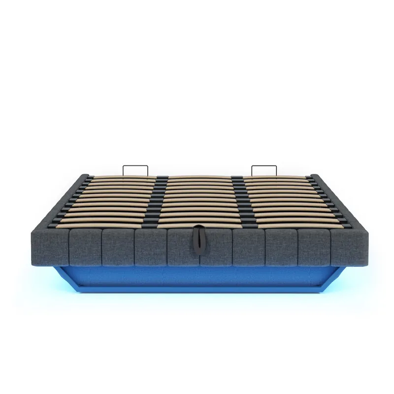 Cama tapizada 180x200 cm - Estructura flotante hidráulica con almacenamiento, cama multifuncional sin cabecero con luz LED - Lino Gris