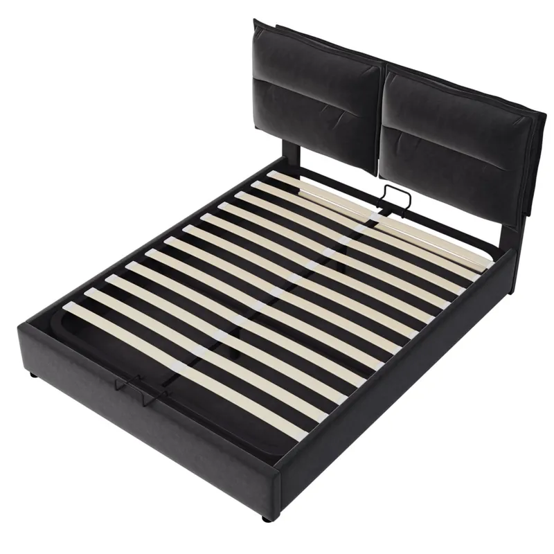 Cama doble 140x200 - Tapizada, cabecero ajustable, somier metálico, almacenamiento amplio - Negro