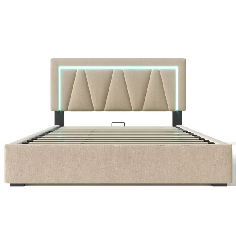 Cama doble 140x200 cm - Cama con almacenamiento, LED, USB Tipo C, estructura de lino - Gris